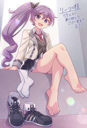 Rule 34 | 1girl, absurdres, bare legs, barefoot, black footwear, blush, breasts, collared shirt, commentary, commentary request, commission, crossed legs, e20, english commentary, eyelashes, feet, foreshortening, full body, grey background, hair between eyes, hair ribbon, highres, legs, lens flare, long hair, long sleeves, looking at viewer, medium breasts, miniskirt, mixed-language commentary, necktie, ongeki, open mouth, pleated skirt, ponytail, purple eyes, purple hair, red necktie, ribbon, school uniform, second-party source, shadow, shirt, shoes, unworn shoes, sidelocks, sitting, skeb commission, skirt, unworn socks, solo, striped necktie, takase rio, thighs, toenails, toes, translation request