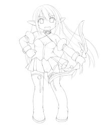 Rule 34 | 1girl, boots, bow (weapon), breasts, chibi, collar, elf, elsword, gloves, greyscale, hand on own hip, kasuga yukihito, lineart, long hair, monochrome, pleated skirt, pointy ears, ranger (elsword), rena erindel, skirt, small breasts, smile, solo, thigh boots, thighhighs, weapon