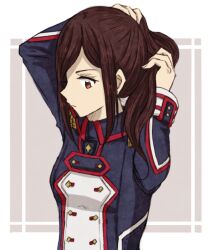 Rule 34 | 1girl, arms behind head, arms up, asozan (cocomil), black jacket, breasts, brown eyes, brown hair, closed mouth, grey background, jacket, long hair, long sleeves, morag ladair (xenoblade), profile, small breasts, solo, two-tone background, upper body, white background, xenoblade chronicles (series), xenoblade chronicles 2