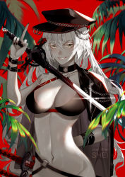 Rule 34 | 1girl, arm behind back, bad id, bad pixiv id, bikini, black bikini, black nails, breasts, brown eyes, cape, cleavage, eyelashes, fate/grand order, fate (series), grin, groin, hat, highres, holding, holding sword, holding weapon, jeanne d&#039;arc alter (swimsuit berserker) (fate), jeanne d&#039;arc (fate), jeanne d&#039;arc alter (fate), jeanne d&#039;arc alter (swimsuit berserker) (fate), katana, long hair, looking at viewer, middle finger, nail polish, navel, pale skin, sheath, sheathed, shei99, smile, swimsuit, sword, very long hair, weapon, white hair