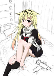 Rule 34 | 10s, 1girl, black ribbon, blonde hair, bow, clear (clear trip second), dressing, hair bow, hair flaps, hair ornament, hair ribbon, hairclip, highres, kantai collection, kuria (clear trip second), long hair, on bed, personification, pleated skirt, red eyes, ribbon, school uniform, serafuku, skirt, smile, solo, yuudachi (kancolle)