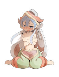 Rule 34 | 1boy, artist request, bad id, bad pixiv id, barefoot, blue eyes, blue hair, blush, cosplay, costume switch, covering privates, covering chest, fake horns, highres, horned headwear, horns, made in abyss, male focus, maruruk, nanachi (made in abyss), nanachi (made in abyss) (cosplay), navel, sitting, solo, sweatdrop, tears, topless male, trap, wariza, white background