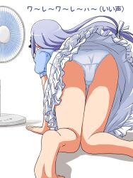 Rule 34 | 1girl, all fours, arm support, ass, barefoot, blue shirt, clothes lift, commentary request, crotch seam, electric fan, frilled skirt, frills, from behind, highres, idolmaster, idolmaster million live!, legs, lielos, long hair, panties, pantyshot, partial commentary, puffy short sleeves, puffy sleeves, purple hair, shiraishi tsumugi, shirt, short sleeves, sidelocks, skirt, skirt lift, solo, thigh gap, thighs, translated, underwear, white background, white panties, white skirt, wind