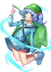 Rule 34 | 1girl, :/, backpack, bag, blue eyes, blue footwear, blue hair, blue shirt, blue skirt, blunt bangs, boots, breasts, cabbie hat, closed mouth, collared shirt, frilled shirt collar, frills, full body, green bag, green hat, hair bobbles, hair ornament, hat, highres, kawashiro nitori, key, leste (humansequencer), long sleeves, looking at viewer, medium hair, pickle, rubber boots, shirt, skirt, small breasts, solo, touhou, two side up