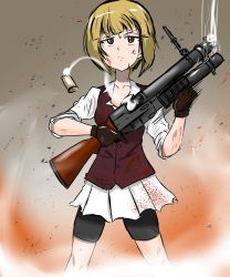 Rule 34 | 1girl, 40x46mm lv, absurdres, anger vein, bartender, black gloves, blonde hair, blood, blood on clothes, blood on face, blood splatter, blunt bangs, bob cut, brown eyes, brown vest, china lake grenade launcher, closed mouth, commentary, cutlass (girls und panzer), dress shirt, frown, girls und panzer, gloves, grenade cartridge, grenade launcher, gun, highres, holding, holding weapon, large-caliber cartridge, long sleeves, looking at viewer, maid headdress, miniskirt, moesenyukikaze, motion blur, pleated skirt, prototype design, pump-action grenade launcher, pump action, school uniform, shirt, short hair, shorts, shorts under skirt, shotgun, shotgun shell, skirt, sleeves rolled up, smoke, solo, standing, sweatdrop, trigger discipline, v-shaped eyebrows, vest, weapon, white shirt, white skirt, wing collar