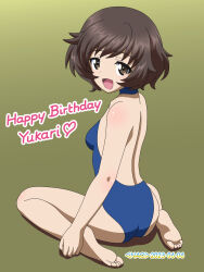 Rule 34 | 1girl, akiyama yukari, ass, blue one-piece swimsuit, blush, breasts, brown eyes, brown hair, dated, girls und panzer, happy birthday, highres, looking at viewer, naotosi, one-piece swimsuit, open mouth, short hair, small breasts, smile, solo, swimsuit