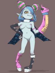 Rule 34 | 1girl, appmon, blue hair, blue skin, boots, breasts, cape, choker, cleft of venus, colored skin, demon girl, digimon, digimon universe: appli monsters, female focus, full body, hair ornament, hair over one eye, looking at viewer, medium breasts, mienumon, muramura hito, nipples, pointy ears, puppet, pussy, shiny skin, solo, uncensored, yellow eyes