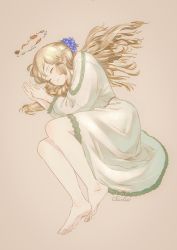 Rule 34 | 1girl, absurdres, barefoot, blonde hair, blush, character name, clarice (idolmaster), deg (deguana), dress, closed eyes, feet, flower, full body, hair flower, hair ornament, highres, idolmaster, idolmaster cinderella girls, leaf, long hair, lying, on side, own hands together, parted lips, simple background, solo, wavy hair