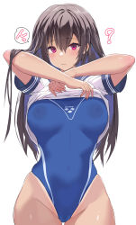 Rule 34 | 1girl, ?, arena (company), ariso kaoru, black hair, blue one-piece swimsuit, breasts, clothes lift, commentary request, competition swimsuit, cowboy shot, groin, highres, large breasts, lifted by self, logo, long hair, looking at viewer, one-piece swimsuit, original, red eyes, see-through, shirt, shirt lift, simple background, solo, swimsuit, white background, white shirt