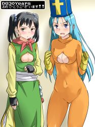 Rule 34 | blush, bodysuit, breasts, cleavage, cleavage cutout, clothing cutout, dragon quest, dragon quest iii, imaichi, large breasts, multiple girls, short hair, sweat, tagme