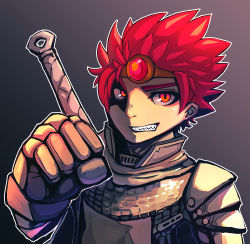 Rule 34 | 1boy, armor, chainmail, circlet, clenched hand, commentary request, gauntlets, grey background, grin, knight (ragnarok online), looking at viewer, male focus, orange eyes, outline, pauldrons, ragnarok online, red hair, short hair, shoulder armor, smile, solo, upper body, white outline, yottur