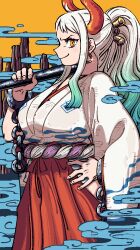 Rule 34 | 1girl, club, club (weapon), cuffs, curled horns, earrings, green hair, hair ornament, hair stick, hakama, hakama pants, hand on own hip, hoop earrings, horns, japanese clothes, jewelry, kanabou, kimono, kingbawoon, long hair, looking at viewer, multicolored hair, multicolored horns, one piece, oni, orange eyes, orange horns, pants, red horns, rope, shackles, shimenawa, sleeveless, sleeveless kimono, smile, solo, weapon, white hair, yamato (one piece), yellow horns