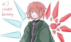 Rule 34 | 1other, absurdres, androgynous, black shirt, collared shirt, commentary, detached wings, english text, green jacket, happy birthday, highres, jacket, len&#039;en, long sleeves, mismatched wings, open clothes, open jacket, open mouth, other focus, red eyes, red hair, shinihaochidezongzong, shirt, shitodo hooaka, short hair, simple background, sketch, smile, solo, upper body, white background, wings