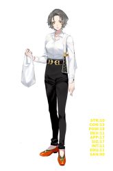 Rule 34 | 1girl, bad id, bad twitter id, bag, belt, black pants, breasts, check copyright, collared shirt, copyright request, dress shirt, expressionless, full body, grey hair, holding, holding bag, jewelry, long sleeves, medium breasts, namakawa, necklace, original, pants, red footwear, shirt, shirt tucked in, shoes, short hair, shoulder bag, simple background, solo, standing, white background, white bag, white shirt, yellow eyes