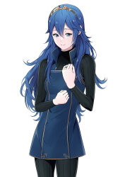 Rule 34 | 1girl, ameno (a meno0), black sweater, blue eyes, blue hair, closed mouth, fire emblem, fire emblem awakening, hair between eyes, jewelry, long hair, long sleeves, lucina (fire emblem), nintendo, ribbed sweater, ring, simple background, smile, solo, sweater, tiara, turtleneck, turtleneck sweater, white background