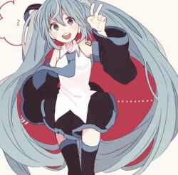 Rule 34 | 1girl, blue eyes, blue hair, blush, collared shirt, detached sleeves, hand up, hatsune miku, headphones, long hair, long sleeves, looking at viewer, nail polish, necktie, open mouth, pleated skirt, ponponzutea, shirt, skirt, sleeveless, sleeveless shirt, smile, solo, thighhighs, twintails, v, very long hair, vocaloid