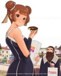 Rule 34 | 1boy, 1girl, 2girls, :t, arm warmers, beard, black dress, black lunette, black robe, blunt bangs, brown eyes, brown hair, city, closed mouth, collar, commentary, commission, denken (sousou no frieren), double bun, doughnut, dress, dunkin&#039; donuts, eating, english commentary, facial hair, food, grey sky, hair bun, highres, holding, holding food, laufen (sousou no frieren), long beard, looking at viewer, looking to the side, medium bangs, monocle, multiple girls, old, old man, outdoors, robe, second-party source, sky, sleeveless, sleeveless dress, sousou no frieren, upper body, watermark, white collar