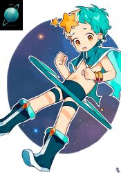 Rule 34 | 1boy, blue cape, blue footwear, blue hair, bracelet, cape, child, clenched hands, commentary, earrings, english commentary, highres, in orbit, jewelry, multicolored hair, navel, nemui (nemuriyagi), open mouth, orange eyes, original, personification, planet, planetary ring, solo, space, topless male, two-tone hair, uranus (planet)