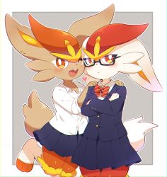 Rule 34 | 2girls, absurdres, alternate color, animal feet, averting eyes, black-framed eyewear, blue jacket, blue skirt, blush, body fur, border, bow, bowtie, bright pupils, brown fur, buck teeth, buttons, cheek-to-cheek, chromatic aberration, cinderace, closed mouth, clothed pokemon, collared shirt, cowboy shot, creatures (company), crossed arms, female focus, flat chest, furry, furry female, game freak, gen 8 pokemon, glasses, grey background, hands on another&#039;s shoulders, hands up, happy, heads together, heart, highres, jacket, leg up, long sleeves, looking at viewer, looking to the side, miniskirt, multiple girls, nintendo, one eye closed, open mouth, orange fur, orange hair, outline, outside border, pleated skirt, pocket, pokemon, pokemon (creature), rabbit ears, rabbit girl, rabbit tail, red bow, red bowtie, red eyes, red fur, red hair, school uniform, semi-rimless eyewear, shiny and normal, shiny pokemon, shirt, short hair, short sleeves, simple background, skirt, smile, standing, standing on one leg, striped bow, striped bowtie, striped clothes, subaru331, teeth, unmoving pattern, white border, white fur, white outline, white pupils, white shirt