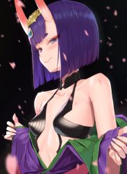 Rule 34 | 1girl, bare shoulders, black background, bob cut, breasts, collarbone, commentary request, eyeliner, fate/grand order, fate (series), headpiece, highres, horns, japanese clothes, kimono, long sleeves, looking at viewer, makeup, maru (maru1625), oni, purple eyes, purple hair, purple kimono, revealing clothes, short hair, shuten douji (fate), skin-covered horns, small breasts, wide sleeves