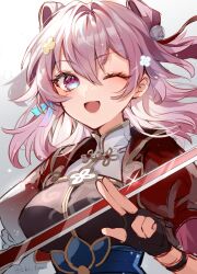 Rule 34 | 1girl, bell, belt, black gloves, blue belt, blue eyes, breasts, chinese clothes, commentary request, earrings, fingerless gloves, gloves, hair ornament, hairpin, high belt, highres, holding, holding sword, holding weapon, honkai: star rail, honkai (series), ichiyume ichiyu, jewelry, jingle bell, march 7th (honkai: star rail), march 7th (hunt) (honkai: star rail), medium breasts, medium hair, official alternate costume, official alternate hairstyle, one eye closed, open mouth, pink eyes, pink hair, shuangyaji, single earring, smile, solo, sword, twitter username, two-tone eyes, upper body, weapon