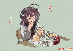Rule 34 | 1girl, ^ ^, ahoge, blush, bowl, bread, bread slice, brown hair, closed eyes, dated, facing viewer, food, food request, green background, headgear, holding, holding food, japanese clothes, kimono, lamb (hitsujiniku), long sleeves, obi, plate, sash, simple background, solo, table, touhoku kiritan, translation request, twintails, voiceroid, white kimono, wide sleeves