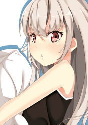 Rule 34 | 1girl, :o, bare shoulders, blush, colored eyelashes, haihovothan, hair between eyes, holding, holding pillow, long hair, original, pillow, red eyes, sidelocks, silver hair, simple background, solo, upper body, white background