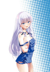 Rule 34 | 1girl, :d, absurdres, bare shoulders, blue eyes, blue overalls, breasts, collarbone, cowboy shot, hair ribbon, highres, kojima takeshi, light purple hair, long hair, looking at viewer, medium breasts, naked overalls, open mouth, original, overalls, ribbon, shaded face, smile, solo, strap slip, tattoo, tress ribbon, very long hair