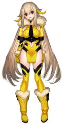 Rule 34 | 1girl, alternate color, arcanine, black eyes, black thighhighs, blonde hair, boots, breasts, clothing cutout, creatures (company), dress, dual persona, full body, fur-trimmed boots, fur-trimmed footwear, fur-trimmed gloves, fur collar, fur trim, game freak, gen 1 pokemon, gloves, head tilt, katagiri hachigou, legs apart, long hair, medium breasts, navel, navel cutout, nintendo, open mouth, pokemon, shiny pokemon, short dress, simple background, smile, solo, standing, thighhighs, two-tone legwear, very long hair, white background, yellow footwear, yellow gloves, yellow thighhighs