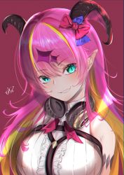 Rule 34 | 1girl, aqua eyes, asymmetrical horns, bare shoulders, blonde hair, blue bow, blush, bow, breasts, chest harness, demon horns, grin, hair between eyes, hair bow, hair ornament, harness, headphones, headphones around neck, highres, hololive, horns, long hair, looking at viewer, mano aloe, multicolored hair, pink bow, pink hair, pointy ears, sidelocks, smile, solo, two-tone hair, uneven horns, urotare, virtual youtuber