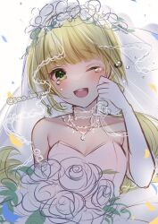 Rule 34 | 1girl, :d, bare shoulders, blonde hair, blush, bouquet, breasts, bridal veil, crying, crying with eyes open, dress, elbow gloves, flower, gloves, green eyes, holding, holding bouquet, jewelry, koyama sao, long hair, looking at viewer, necklace, one eye closed, open mouth, saga, saga frontier 2, small breasts, smile, solo, strapless, strapless dress, tears, veil, very long hair, virginia knights, wedding dress, white dress, white gloves