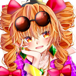 Rule 34 | 1girl, absurdres, amaxa, black hat, blush, bow, brown eyes, brown hair, drill hair, earrings, eyewear on head, hair bow, hand on own face, hat, highres, jewelry, long hair, looking at viewer, open mouth, red bow, ring, smile, solo, sunglasses, top hat, touhou, twin drills, yorigami jo&#039;on