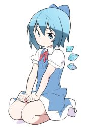 Rule 34 | 1girl, blue bow, blue dress, blue eyes, blue hair, bow, cirno, dress, full body, ice, ice wings, kneeling, kt kkz, seiza, short hair, sitting, solo, touhou, white background, wings