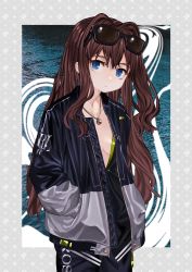 Rule 34 | 1girl, black shirt, blue eyes, breasts, brown hair, cleavage, collarbone, commentary request, elisia valfelto, eyewear on head, glasses, hair intakes, hands in pockets, highres, jacket, jewelry, long hair, looking at viewer, luicent, medium breasts, multicolored clothes, multicolored jacket, necklace, original, pants, shirt, solo, standing, sunglasses, two-tone jacket