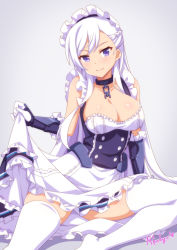 Rule 34 | 1girl, artist name, azur lane, belfast (azur lane), black collar, breasts, chain, cleavage, closed mouth, clothes lift, collar, grey background, large breasts, lifted by self, long hair, looking at viewer, mmrailgun, purple eyes, simple background, skirt, skirt lift, smile, solo, thighhighs, white hair, white skirt, white thighhighs