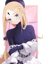 Rule 34 | 1girl, abigail williams (event portrait) (fate), abigail williams (fate), black hat, black shirt, blonde hair, blue eyes, blush, bodystocking, bow, braid, braided ponytail, breasts, dress, dress bow, fate/grand order, fate (series), forehead, hat, highres, keyhole, long hair, long sleeves, looking at viewer, motokebo17, off shoulder, parted bangs, parted lips, shirt, sidelocks, small breasts, solo, very long hair, white dress