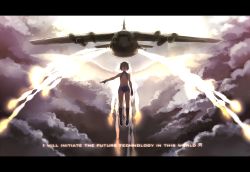 Rule 34 | 1girl, aircraft, airplane, boots, cloud, flying, glowing, glowing eyes, green hair, kitsune (kazenouta), letterboxed, looking at viewer, military, missile, outstretched arm, personification, red eyes, short hair, shorts, wings