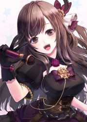 Rule 34 | 1girl, black gloves, black skirt, bow hairband, breasts, brown eyes, brown hair, diagonal bangs, flower, flower necklace, gloves, hair ribbon, hairband, head tilt, idolmaster, idolmaster shiny colors, jewelry, large breasts, long hair, looking at viewer, misty cj, necklace, open mouth, patterned clothing, ribbon, skirt, swept bangs, tsukioka kogane, v, white background