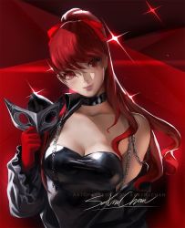 Rule 34 | 1girl, artist name, bare shoulders, black jacket, blush, bow, breasts, chain, choker, cleavage, gloves, jacket, leotard, long hair, looking at viewer, mask, matching hair/eyes, medium breasts, patreon username, persona, persona 5, persona 5 the royal, ponytail, red eyes, red gloves, red hair, sakimichan, signature, simple background, smile, solo, upper body, watermark, web address, yoshizawa kasumi