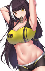 Rule 34 | 1girl, absurdres, alternate costume, armpits, arms behind head, black shorts, blush, breasts, brown hair, cleavage, closed mouth, collarbone, commentary, commission, english commentary, feet out of frame, girls&#039; frontline, hair ornament, hairclip, heterochromia, highres, large breasts, long hair, looking at viewer, mouth hold, multicolored hair, navel, pixiv commission, red eyes, ro635 (girls&#039; frontline), sheita, shorts, solo, sports bra, standing, white background, yellow eyes, yellow sports bra