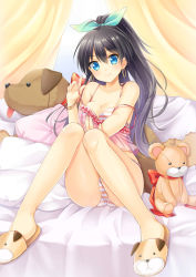 Rule 34 | 1girl, animal slippers, black hair, blue eyes, blush, breasts, camisole, cleavage, courreges ace, dog slippers, earrings, ganaha hibiki, idolmaster, idolmaster (classic), jewelry, large breasts, long hair, looking at viewer, no socks, off shoulder, panties, ponytail, see-through, shiny skin, sitting, slippers, smile, solo, strap slip, striped clothes, striped panties, stuffed animal, stuffed toy, teddy bear, underwear