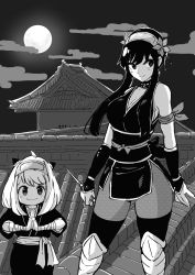 Rule 34 | 2girls, ahoge, anya (spy x family), architecture, bare shoulders, black hair, breasts, child, cleavage, earrings, east asian architecture, flower, greyscale, hair flower, hair ornament, hairband, hairpods, highres, holding, japanese clothes, jewelry, kajino (aosansai), large breasts, long hair, looking at viewer, monochrome, moon, multiple girls, night, night sky, ninja, on roof, pantyhose, sidelocks, sky, smile, spy x family, thick thighs, thighhighs, thighs, weapon, yor briar