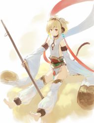 Rule 34 | 1girl, andira (granblue fantasy), animal ears, bare shoulders, barefoot, blonde hair, closed mouth, detached pants, detached sleeves, dress, fur-trimmed sleeves, fur trim, granblue fantasy, hair ornament, holding, long sleeves, looking at viewer, monkey ears, monkey tail, obi, red eyes, sash, short hair, sitting, smile, solo, tail, two side up, wasabi60, white dress, wide sleeves