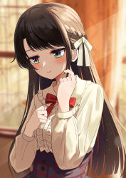 Rule 34 | 1girl, absurdres, aqua eyes, black skirt, blouse, blurry, blurry background, blush, bow, bowtie, braid, brown hair, closed mouth, commentary request, curtains, depth of field, frilled shirt, frilled shirt collar, frills, hair bow, half-closed eyes, half updo, hands up, high-waist skirt, highres, hololive, huge filesize, indoors, light particles, light rays, light smile, long hair, long sleeves, looking away, looking down, multicolored eyes, official alternate costume, oozora subaru, oozora subaru (casual), overskirt, red bow, red bowtie, shirt, skirt, solo, straight hair, striped clothes, striped skirt, sunlight, swept bangs, tagosaku (tatsukiuma0329), upper body, virtual youtuber, white bow, white shirt, window, yellow eyes