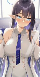 Rule 34 | 1girl, bare shoulders, black hair, blue archive, blue hair, blue necktie, blush, breasts, colored inner hair, commentary request, earrings, glasses, gloves, halo, highres, jewelry, large breasts, long hair, looking at viewer, multicolored hair, necktie, parted lips, pointy ears, rin (blue archive), solo, sweat, sweatdrop, tennen inari, two-tone hair, white gloves