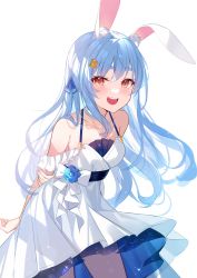 Rule 34 | 1girl, :d, absurdres, animal ear fluff, animal ears, arms behind back, bare shoulders, blue hair, blue ribbon, blush, breasts, carrot hair ornament, cowboy shot, dress, extra ears, food-themed hair ornament, hair ornament, hair ribbon, heiyan shenshi, highres, holding own arm, hololive, leaning forward, long hair, looking at viewer, medium breasts, open mouth, rabbit-shaped pupils, rabbit ears, red eyes, ribbon, simple background, smile, solo, symbol-shaped pupils, thick eyebrows, usada pekora, very long hair, virtual youtuber, white background, white dress