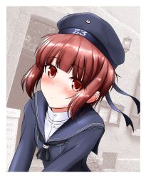 Rule 34 | 1girl, blue dress, blue hat, blunt bangs, blush, border, brown eyes, brown hair, closed mouth, clothes writing, comiket 90, commentary request, dress, eyes visible through hair, hat, highres, kantai collection, long sleeves, looking at viewer, mochizuki kazuto, navy blue hat, nose blush, photo background, sailor collar, sailor dress, sailor hat, short hair, solo, upper body, v arms, white border, z3 max schultz (kancolle)