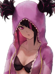 Rule 34 | 1girl, alternate hairstyle, black bra, black hair, blunt bangs, bra, breasts, cleavage, commentary request, hair over one eye, han juri, highres, hood, hooded pajamas, ishiyuki, medium breasts, official alternate costume, pajamas, pink hair, pink pajamas, revision, simple background, solo, street fighter, street fighter 6, underwear, upper body, white background
