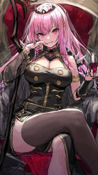 Rule 34 | 1girl, armlet, black cloak, black dress, black headwear, black nails, black thighhighs, breasts, center opening, cleavage, cleavage cutout, cloak, clothing cutout, commentary, crossed legs, cup, cupping glass, detached sleeves, dress, drinking glass, grin, guchico, hair between eyes, hand to own mouth, highres, holding, holding cup, hololive, hololive english, large breasts, long hair, looking at viewer, mori calliope, nail polish, pink eyes, pink hair, scythe, see-through, see-through sleeves, sitting, sketch, smile, solo, spikes, thighhighs, thighs, throne, tiara, veil, virtual youtuber, wine glass