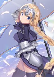 Rule 34 | 1girl, :o, arm up, armor, armored dress, bad id, bad pixiv id, black bow, black thighhighs, blonde hair, blue eyes, blue sky, blush, bow, braid, breasts, cloud, commentary request, commission, day, dress, fate/apocrypha, fate/grand order, fate (series), feathers, gauntlets, hair between eyes, hair bow, head tilt, headpiece, highres, holding, izumo neru, jeanne d&#039;arc (fate), jeanne d&#039;arc (ruler) (fate), long hair, looking at viewer, looking to the side, medium breasts, outdoors, parted lips, purple dress, sky, solo, thighhighs, very long hair